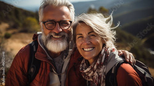 Senior couple smiling, nature walk