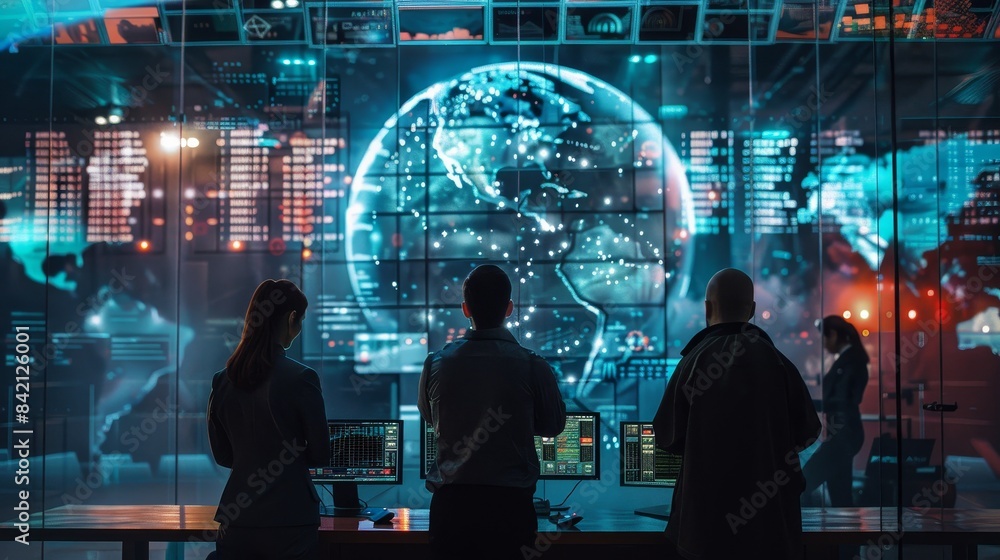 Global Cybersecurity Guardians Team of Experts Monitoring Network Operations Center with Holographic Globe Display Global Cybersecurity Guardians Team of Experts Monitoring Network Operations Center with Holographic Globe Display