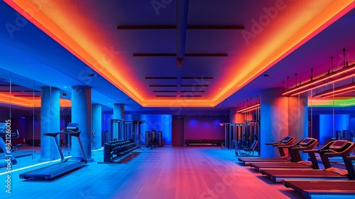 A modern fitness center with treadmills and weight machines under bright orange and blue neon lights.