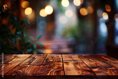 Empty rustic wooden table in front of christmas light night,abstract circular bokeh background © Md saijul islam