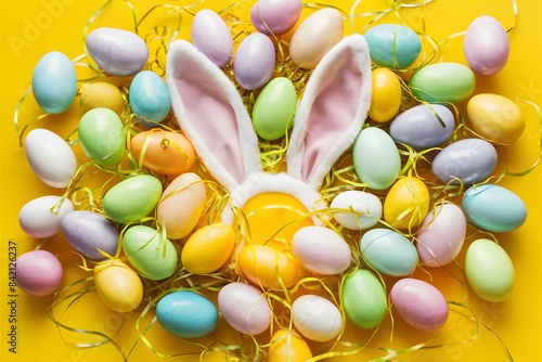 Easter joy on yellow canvas with colorful eggs, playful bunny ears peeking