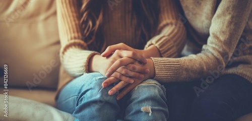 Woman and teenager girl holding hands close up cropped shot. Psychotherapist, mother giving support, care, compassion to young teen kid, helping to cope with depression, problem photo