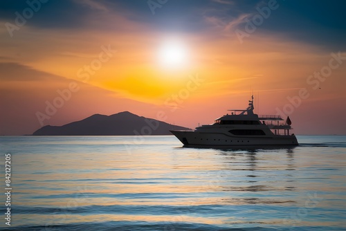 Tranquil sunset seascape with yacht sailing, vibrant colors and silhouetted island