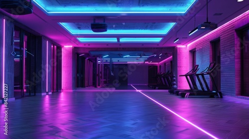 A modern gym interior with pink and blue neon lights illuminating the space.