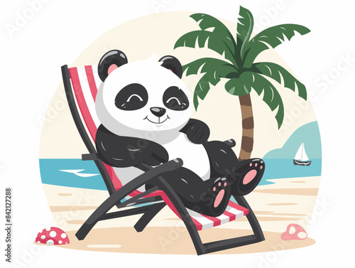A cartoon panda is relaxing on a beach chair with an umbrella over his head. The scene is bright and cheerful, with a sense of leisure and relaxation