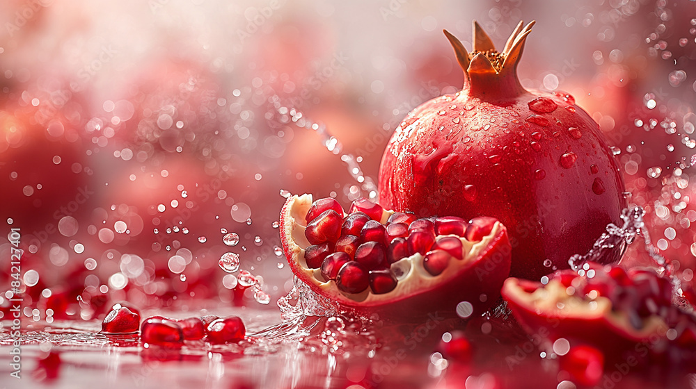 Pomegranates are floating and splashing in water against a red background Pomegranates are floating and splashing in water against a red background