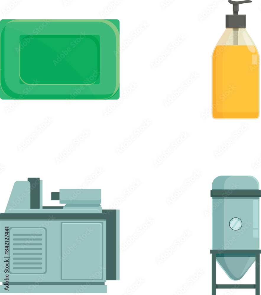 Collection of vector icons depicting a microwave, soap dispenser, printer, and water cooler Collection of vector icons depicting a microwave, soap dispenser, printer, and water cooler