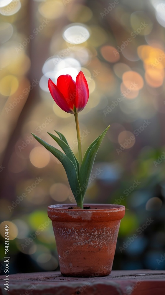 Red tulip in a clay pot with blurred background, nature and gardening concept Red tulip in a clay pot with blurred background, nature and gardening concept