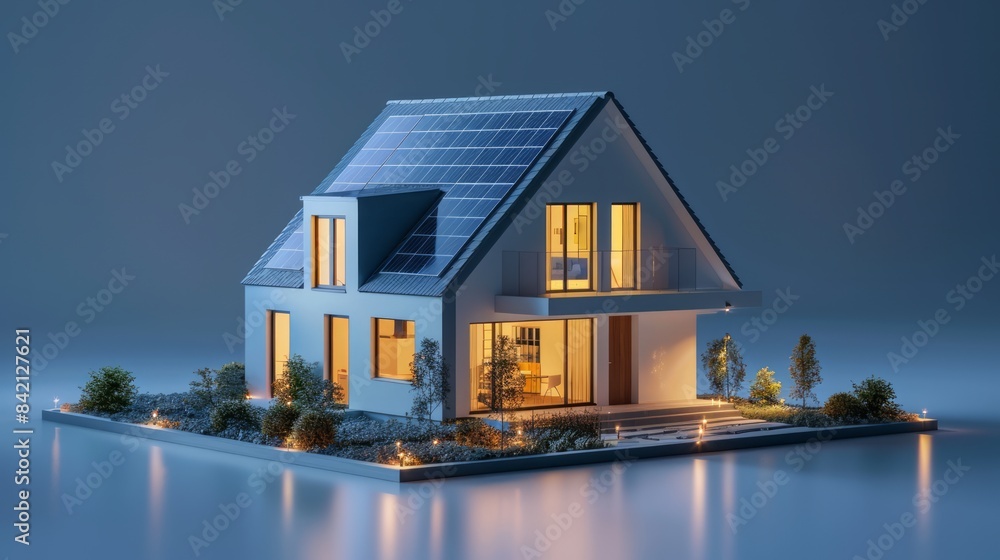 Modern house with solar panels in a serene night setting Modern house with solar panels in a serene night setting