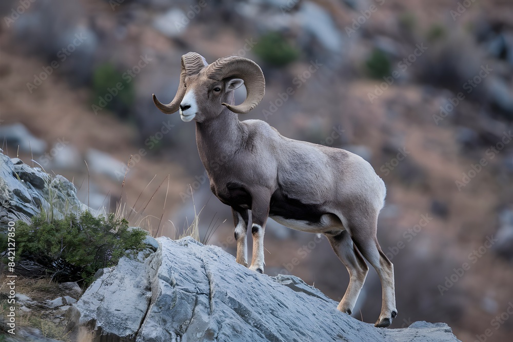 Naklejka premium Majestic bighorn sheep with curled horns standing on rocky outcrop in mountainous terrain