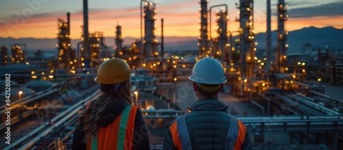 Industrial Engineers Overlooking Refinery Plant at Sunset
