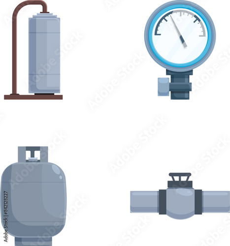 Set of four industrial icons featuring a storage tank, pressure gauge, closed vessel, and pipeline valve