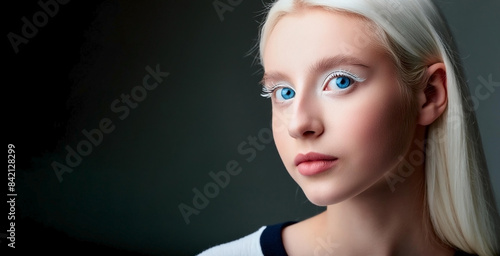 Close-up portrait of young face of albino girl with blue eyes and white eyelashes, isolated on a dark green background wint large copy space for your text photo