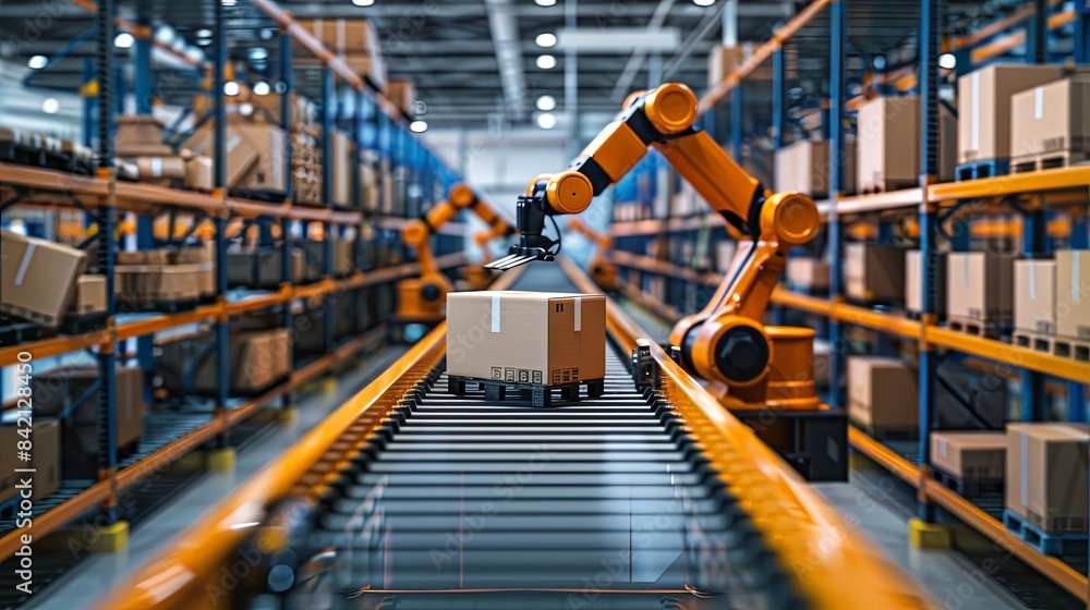 High-tech distribution center with automated conveyor belts and robotic arms, technology, efficiency, automation, innovation, afternoon, High-tech distribution center with automated conveyor belts and robotic arms, technology, efficiency, automation, innovation, afternoon,