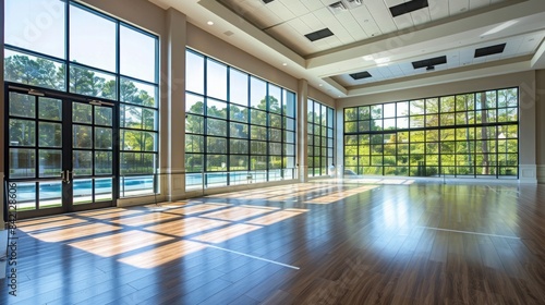A large  empty room with many windows overlooking a lush green area. Sunlight streams in  illuminating the hardwood floor.