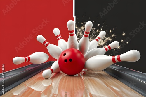 Red bowling ball strikes white pins on wooden lane, scattering them around