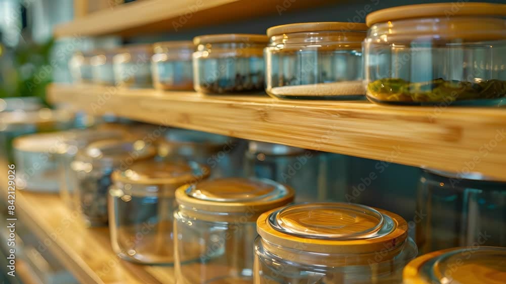 A collection of glass food storage containers with bamboo lids ready to store leftovers in a zerowaste kitchen. A collection of glass food storage containers with bamboo lids ready to store leftovers in a zerowaste kitchen.