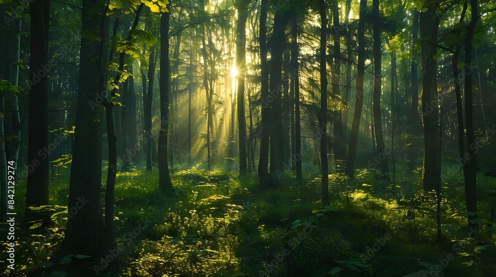 Obraz premium Golden Sunlight Through Forest Trees