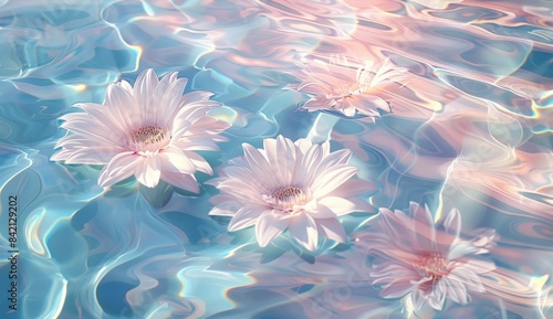Beautiful flowers float on water under summer sunlight, its pastel colors merging perfectly with the water's blue color, making it ideal for a peaceful background