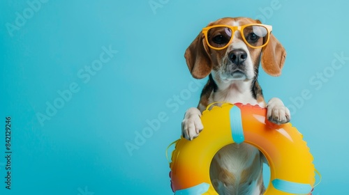An adorable beagle in summer sunglasses and a swim ring represents vacation readiness, the beautiful color and style setting a humorous background