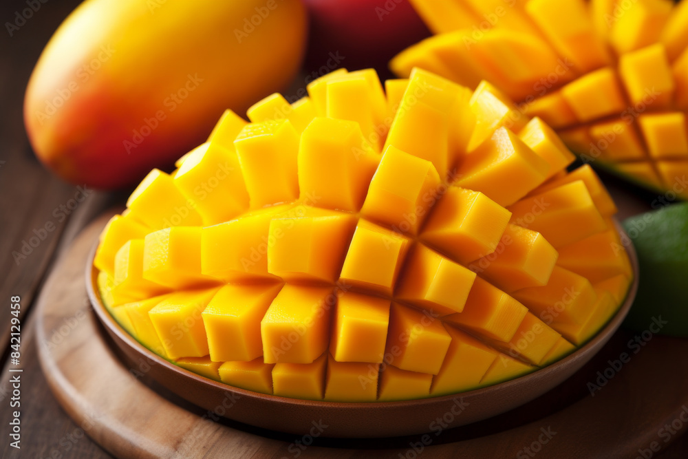 Cubed mango pieces arranged in wooden bowl, showcasing vibrant yellow color and juicy texture, placed on rustic wooden table Cubed mango pieces arranged in wooden bowl, showcasing vibrant yellow color and juicy texture, placed on rustic wooden table