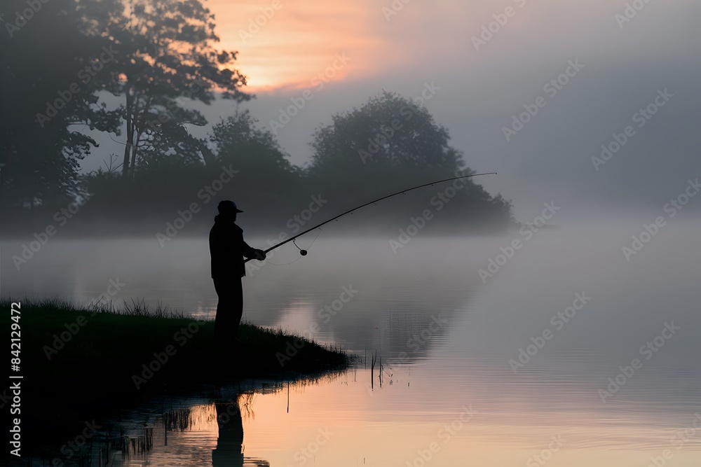 Man fishes by calm water at sunrise or sunset, misty trees in background Man fishes by calm water at sunrise or sunset, misty trees in background