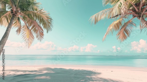 A beautiful summer vacation scene with clear skies  palm trees  and serene ocean  perfect for a summer background