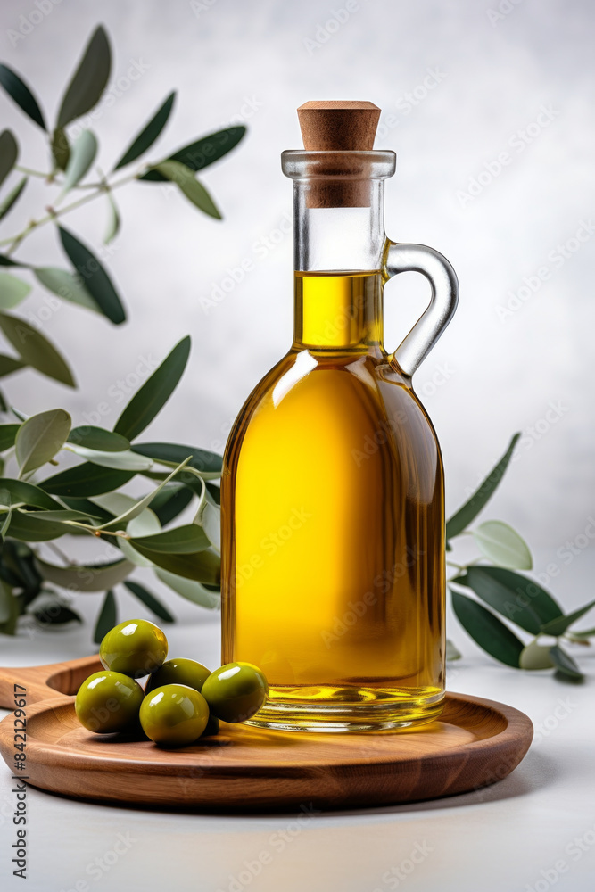 Glass bottle of olive oil with a cork stopper, displayed on a wooden platter with fresh green olives and olive branches. Glass bottle of olive oil with a cork stopper, displayed on a wooden platter with fresh green olives and olive branches.