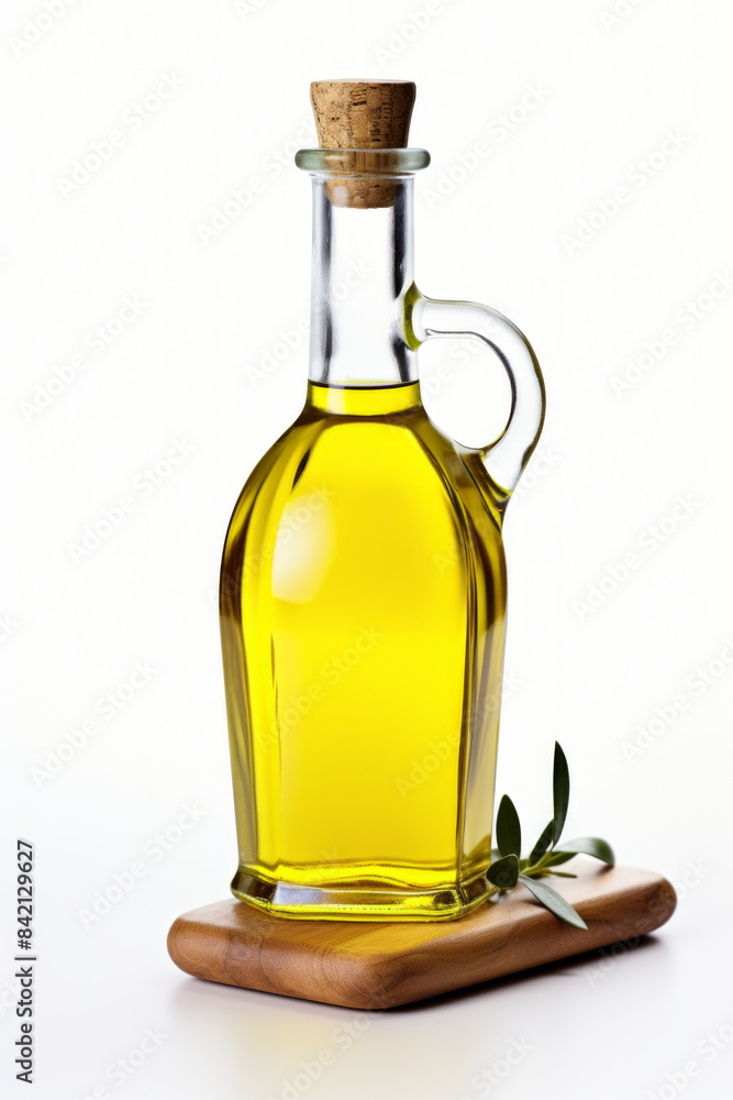 Elegant glass bottle of olive oil with a cork stopper, set on a wooden tray with a small olive branch. Elegant glass bottle of olive oil with a cork stopper, set on a wooden tray with a small olive branch.