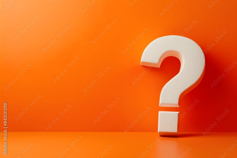 Vibrant orange background with 3D white question mark leaning to right Vibrant orange background with 3D white question mark leaning to right