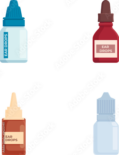 Colorful vector illustration set featuring different styles of ear drops bottles