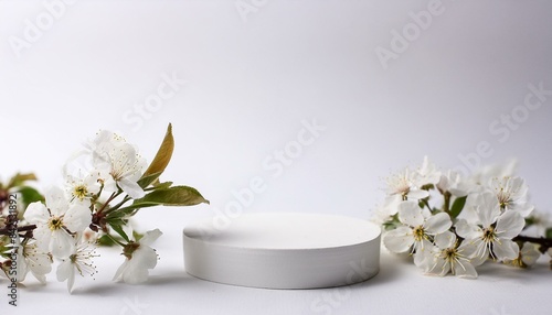 Abstract scene background. Cylinder podium with cherry flowers on a white background. Product presentation  mock-up  show cosmetic product  spa