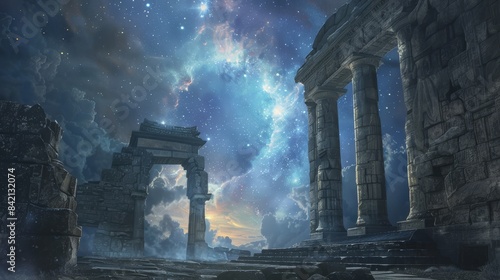 Timeless Wonder Enchanting Starry Sky Over Ancient Ruins Captivating Image of Universe's Mystique and History