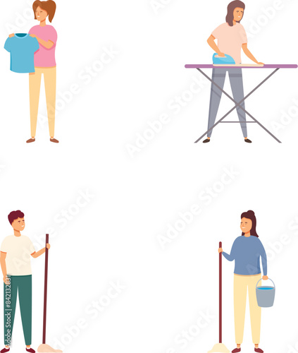 Illustration depicting four individuals performing different household tasks like cleaning and ironing