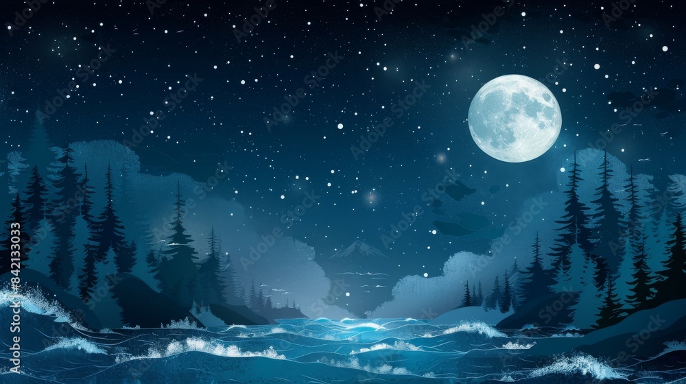 Fototapeta premium Enchanting Night Landscape: Full Moon Illuminates Starry Sky Over Serene Forests and Rolling Waves in a Dreamlike Scene