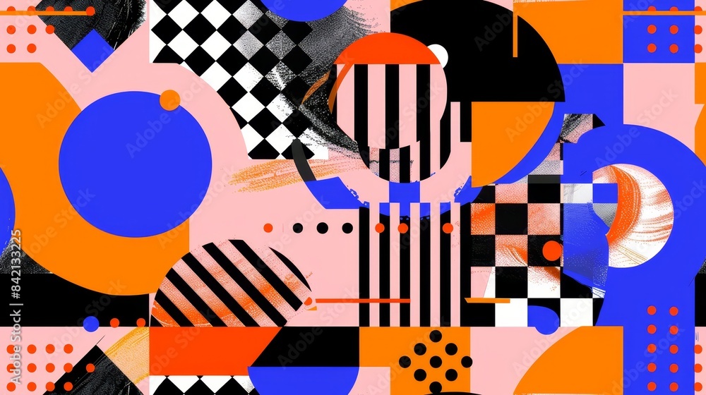 Geometric pattern with abstract shapes in orange, teal, black, and beige on white background. Modern and stylish seamless pattern concept. Geometric pattern with abstract shapes in orange, teal, black, and beige on white background. Modern and stylish seamless pattern concept.
