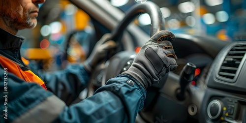 Mechanic diligently repaired car ensuring steering and maintenance were in top condition. Concept Car maintenance, Mechanical repairs, Steering adjustment, Vehicle safety, Mechanic expertise