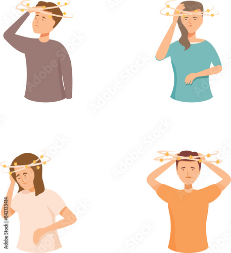 Collection of illustrated icons depicting men and women experiencing dizziness with stars around their heads
