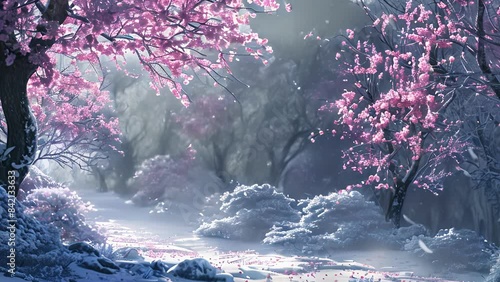 In a secluded forest the snowy petals of everblooming Plum trees create a serene and mystical atmosphere as if a blossom blizzard has frozen in time. photo