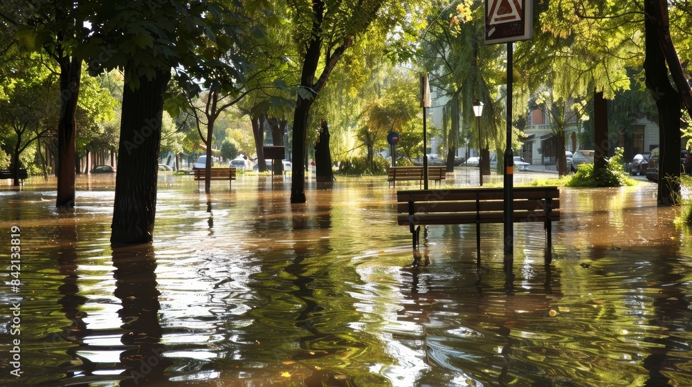 Obraz premium Flooded park with empty benches partially submerged in water under the shade of green trees, creating a calm yet melancholic atmosphere.