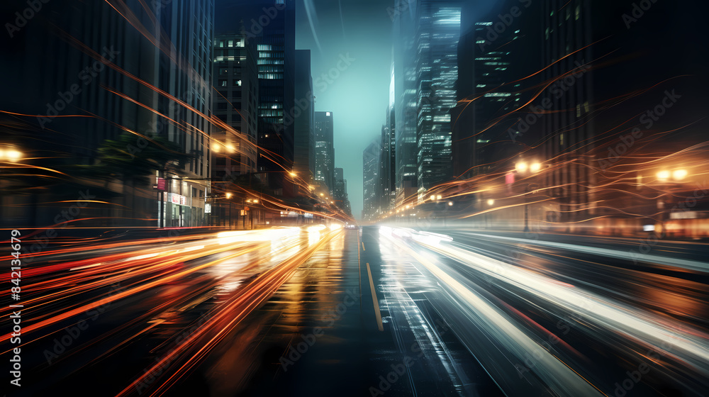 Dynamic cityscape at night with skyscrapers and light trails on the street Dynamic cityscape at night with skyscrapers and light trails on the street