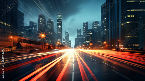 Dynamic cityscape at night with skyscrapers and light trails on the street