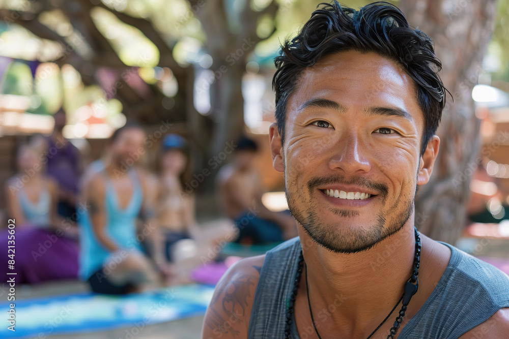 Asian yoga teacher with happy students Asian yoga teacher with happy students