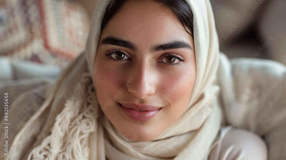 Fototapeta premium Young Arab woman smiling on a couch