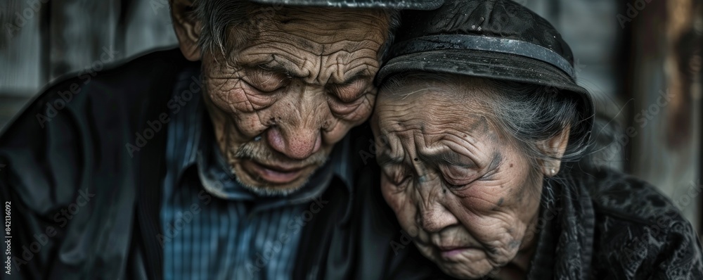 Close-up of an elderly couple with deep wrinkles, wearing somber expressions. The man wears a cap and the woman has short hair and large earrings, highlighting the depth of their emotions Close-up of an elderly couple with deep wrinkles, wearing somber expressions. The man wears a cap and the woman has short hair and large earrings, highlighting the depth of their emotions