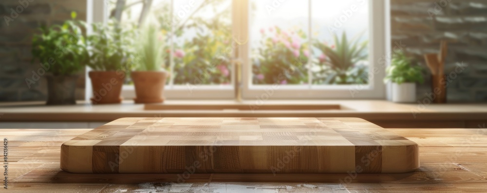 A kitchen counter with a wooden top and a sink in the background. The sink is made of stainless steel A kitchen counter with a wooden top and a sink in the background. The sink is made of stainless steel