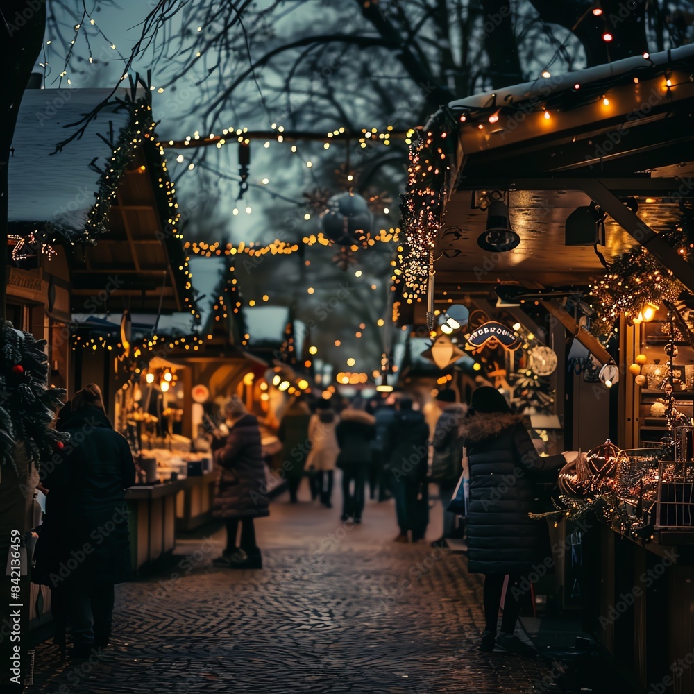Naklejka premium Cozy Christmas market with twinkling lights and festive decorations.