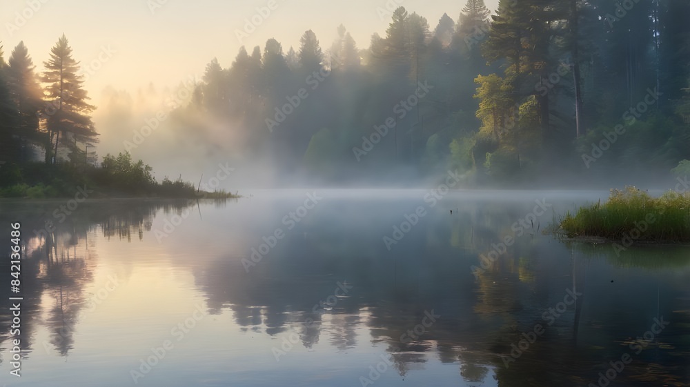 a serene lake at dawn with mist rising a serene lake at dawn with mist rising