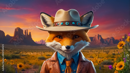 Cute fox wearing a cowboy hat
