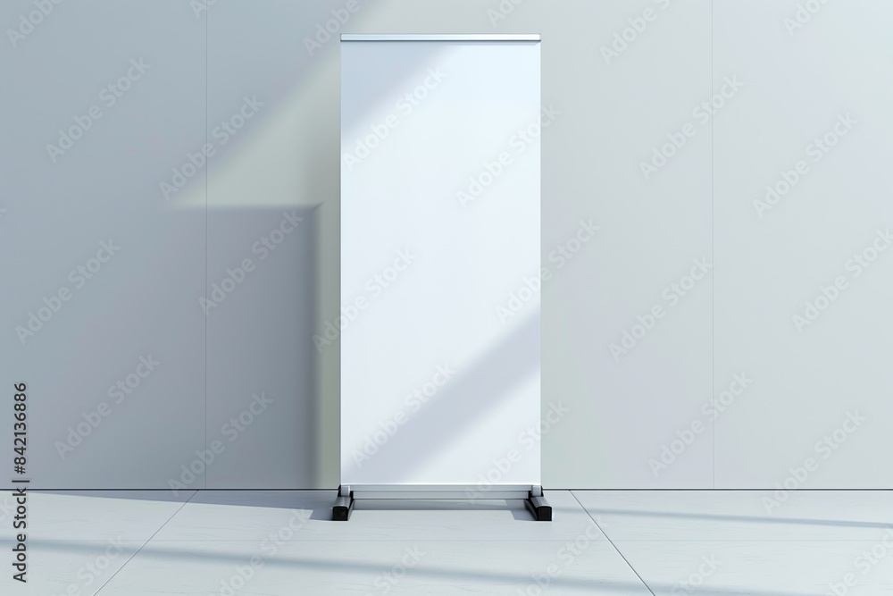 A white empty portable booth stand is positioned in an indoor setting with a white tiled floor and white walls A white empty portable booth stand is positioned in an indoor setting with a white tiled floor and white walls